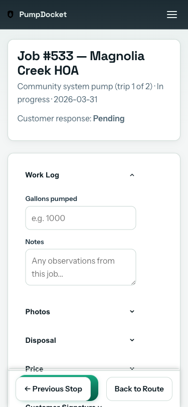 Driver mobile view — tap job, fill gallons, complete in three taps