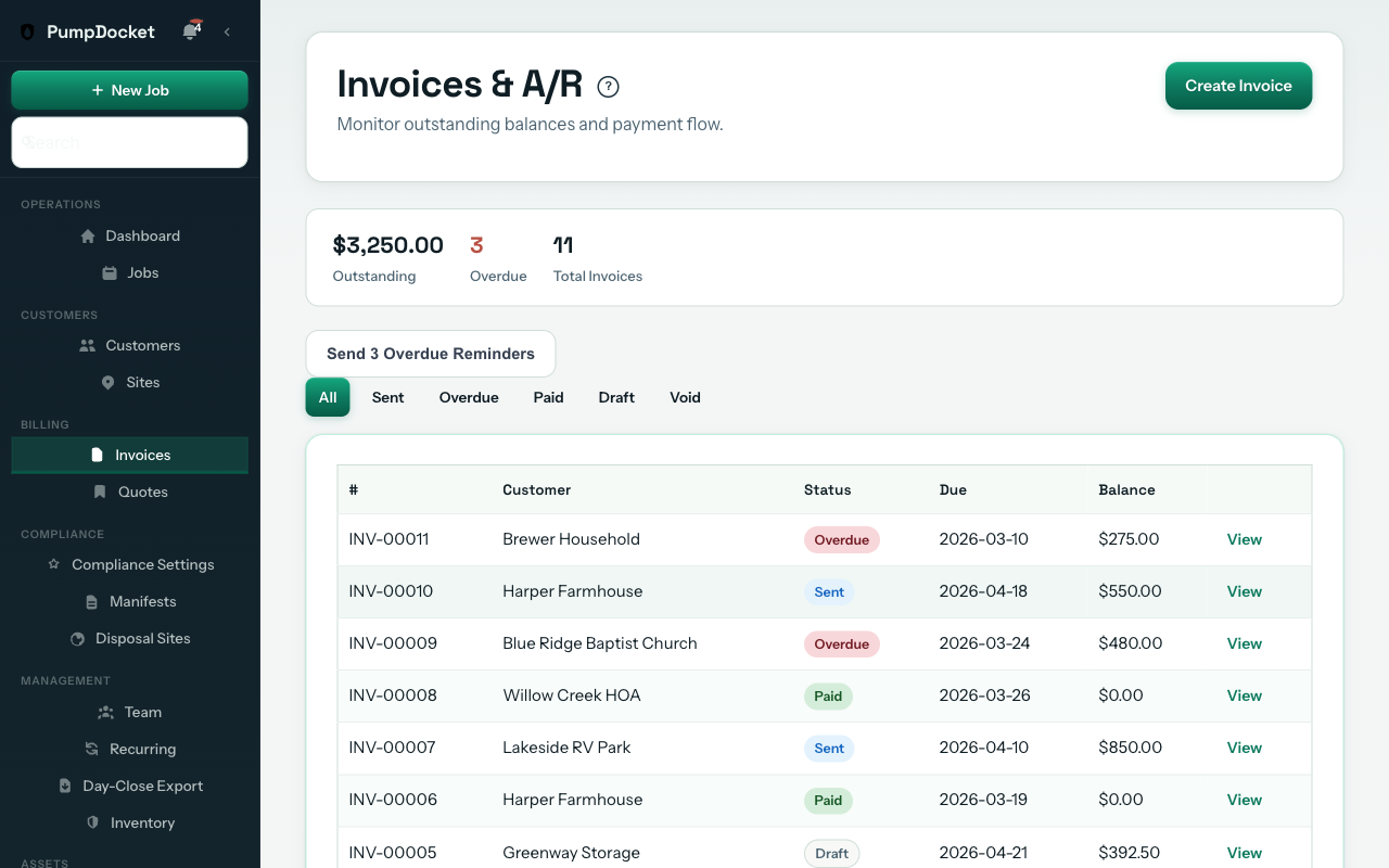 Invoice list showing status, due date, and balance for septic customers