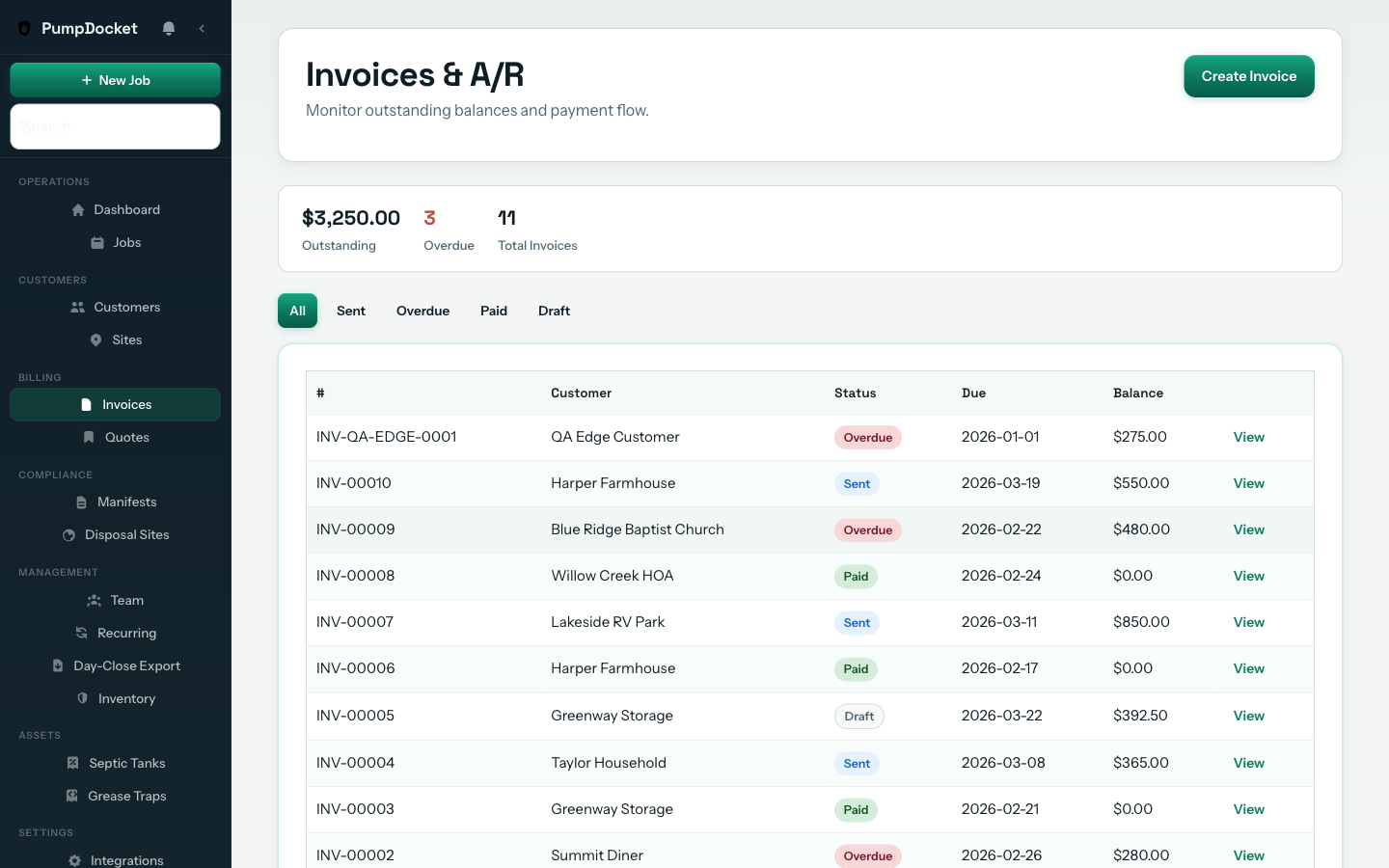 PumpDocket invoice list with portable restroom service details
