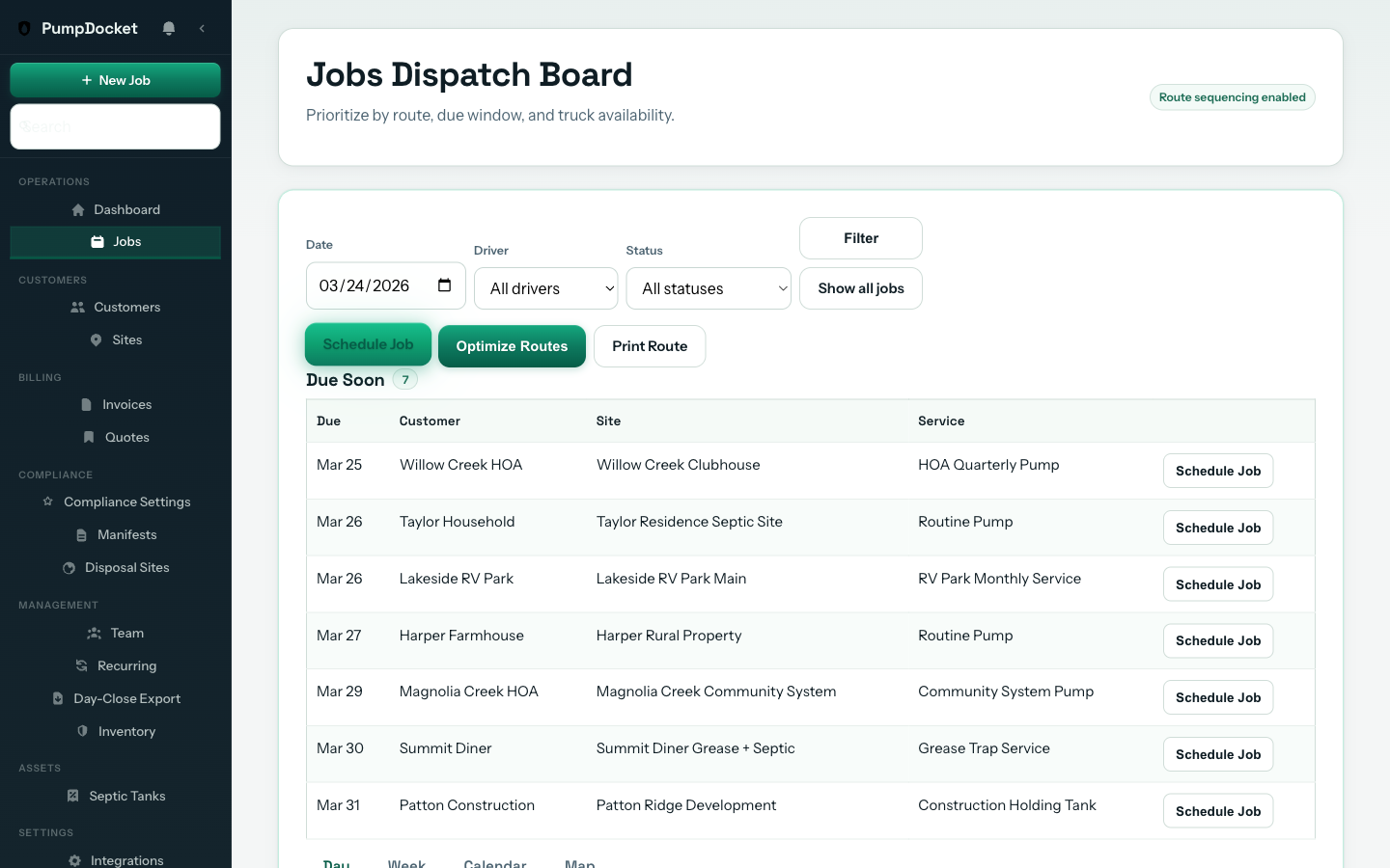 PumpDocket dispatch board showing portable restroom pump-out routes