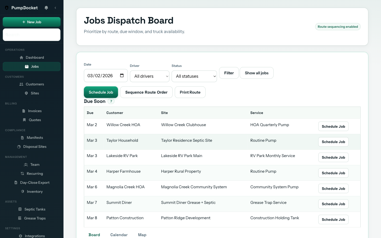 PumpDocket dispatch board showing portable restroom pump-out routes