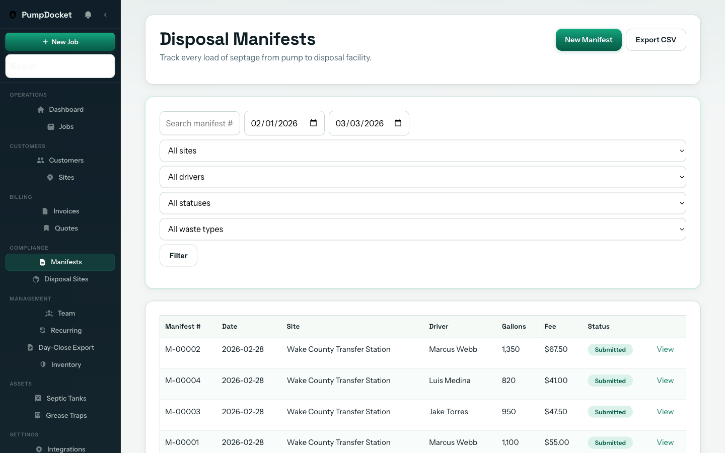 PumpDocket disposal manifest with state-specific compliance fields
