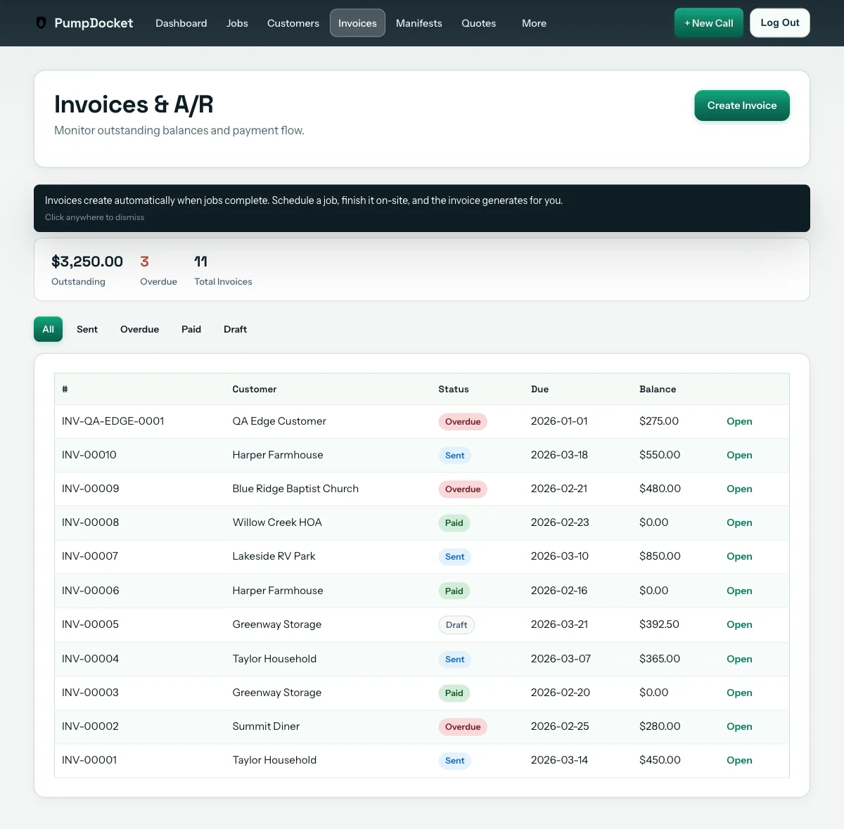 Invoicing dashboard with day-close export