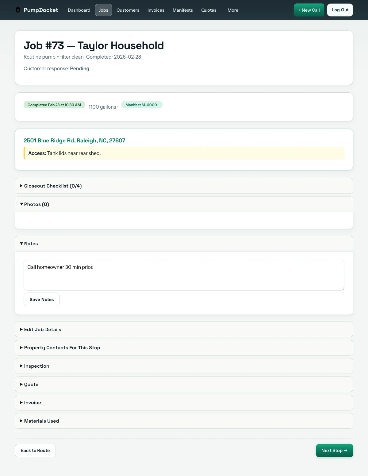 Driver job detail page with site notes and tank history
