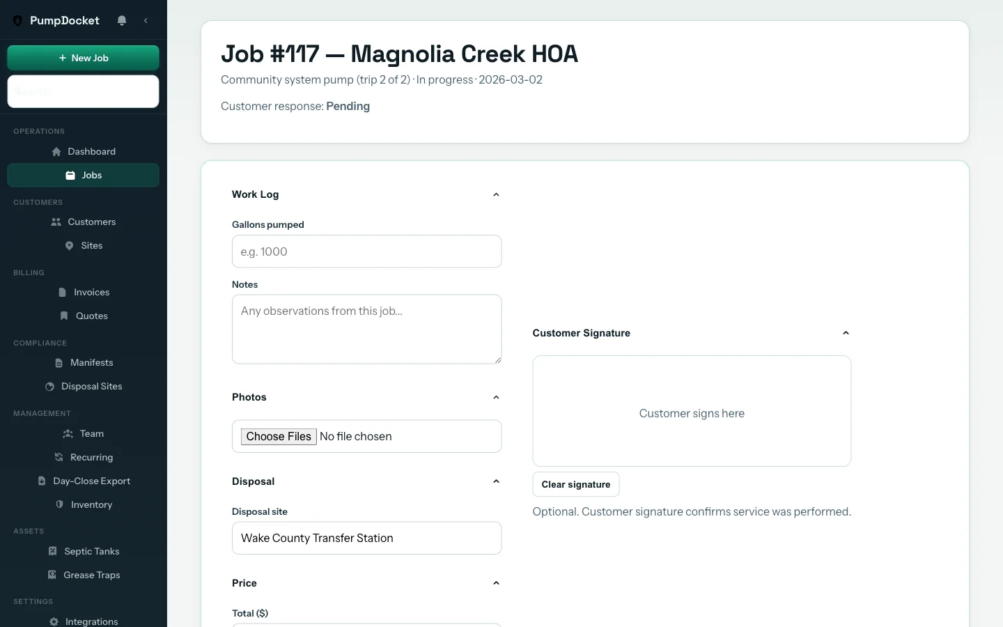 Field closeout form showing job details and completion checklist