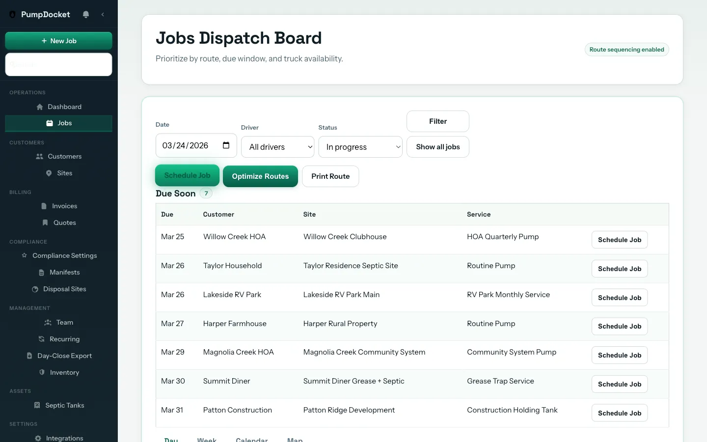 Jobs list showing completion status badges