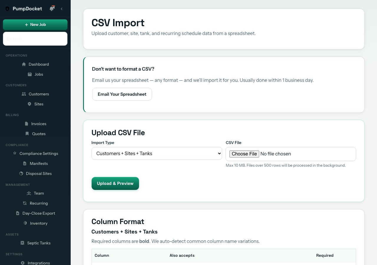 Your First 10 Minutes — import customers, set state, dispatch first job